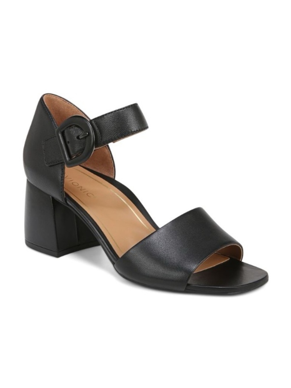 Vionic Chardonnay Black Leather Chunky Heeled Sandals